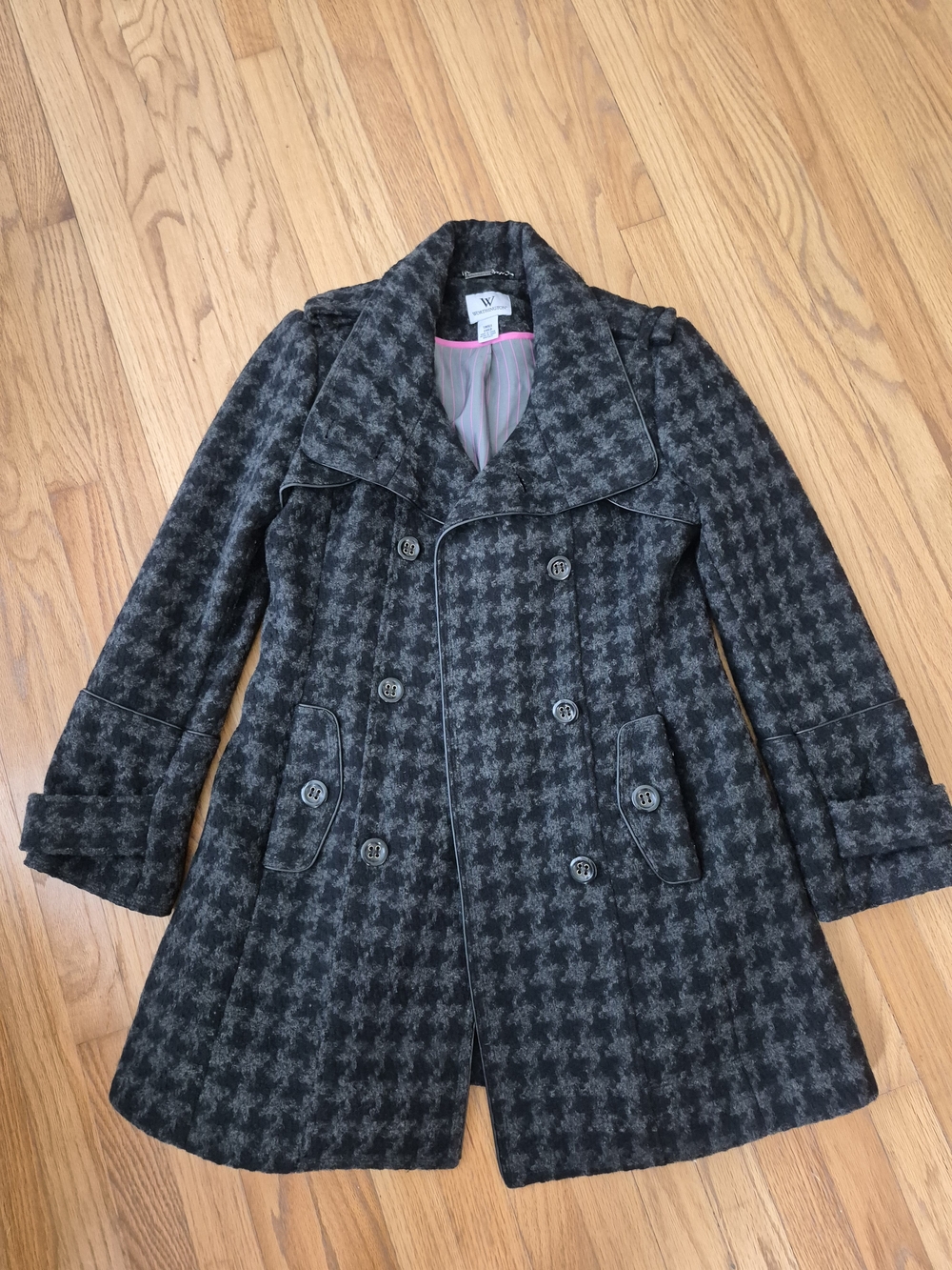 W by Worth Double-Breasted Houndstooth Peacoat - Black & Gray